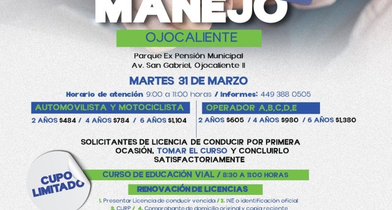 REALIZARÁN NUEVA JORNADA PARA RENOVAR LA LICENCIA DE MANEJO EN EL OJOCALIENTE II, EN AGS