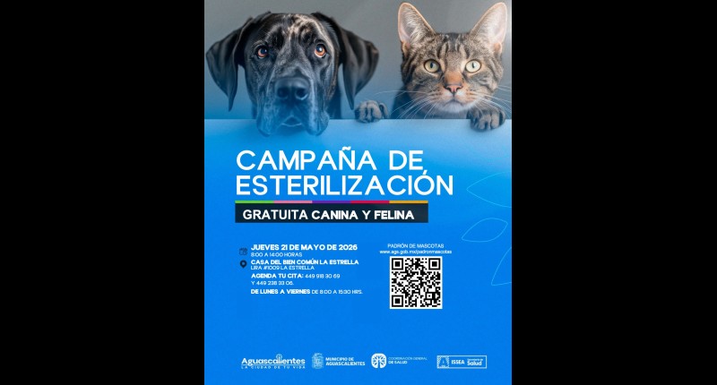 MUNICIPIO DE AGUASCALIENTES E ISSEA REALIZARÁN NUEVA JORNADA DE ESTERILIZACIÓN CANINA Y FELINA