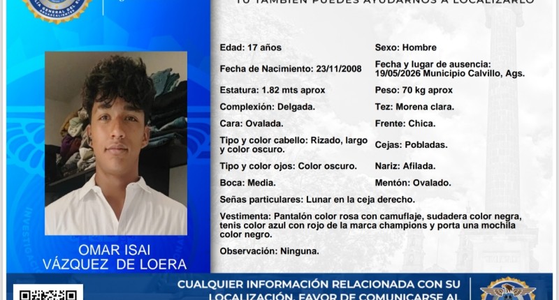 SE BUSCA A OMAR ISAÍ VÁZQUEZ DE LOERA, JOVEN DE 17 AÑOS 