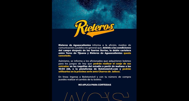  DOBLE CARTELERA DE RIELEROS VS TOROS SE CANCELÓ POR LLUVIA