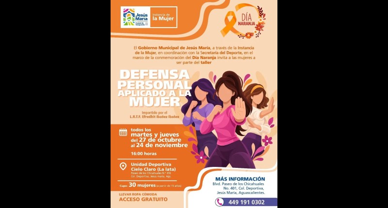 SE INVITA A MUJERES DE JESÚS MARÍA, AGS,  A PARTICIPAR EN TALLER DE DEFENSA PERSONAL